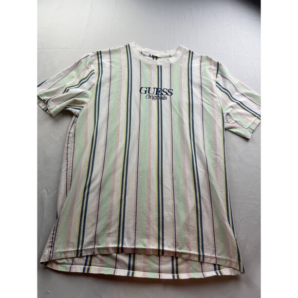 Guess Originals Shirt Mens Medium Green Striped Embroidered Logo Tee  Y2K - Picture 1 of 5